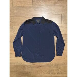 Miss Wu Blouse Women 10 Navy Blue 100% Silk Lace Trim Relaxed Button Down Top